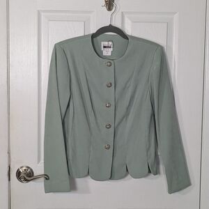 Vintage 80s Leslie Fay Faux Suede Sage Green Scallop Hem Blazer‎ Jacket Size 6P